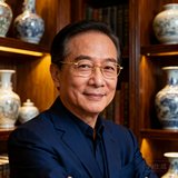 一位年约五十岁的华人男性收藏家陈先生，身着深蓝色西装，戴金丝眼镜，神态从容自信，背景是他在香港半山的私人书房，书架上陈列着多件瓷器藏品。